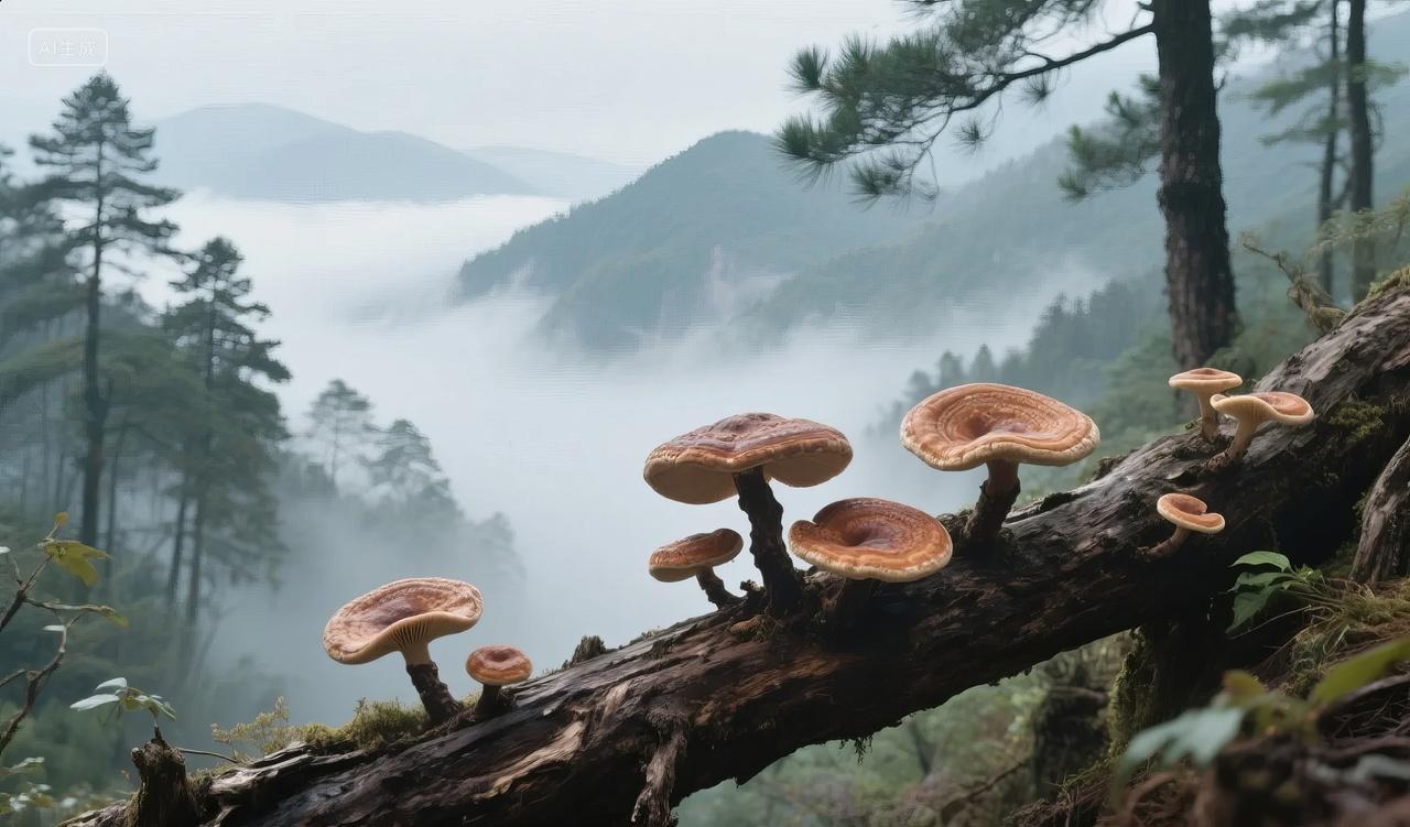 山林野生菌菇雾气自然生态食材药材背景
