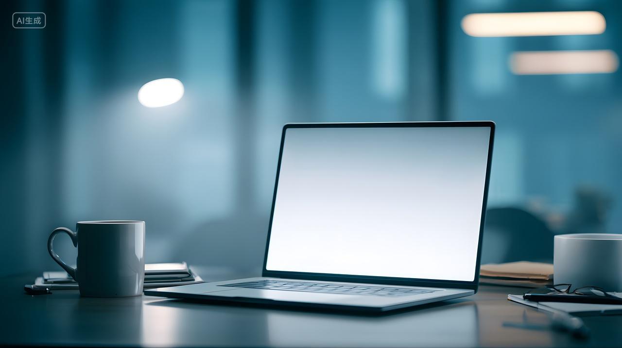 夜晚办公环境中笔记本电脑空白屏幕呈现科技感与专注氛围
