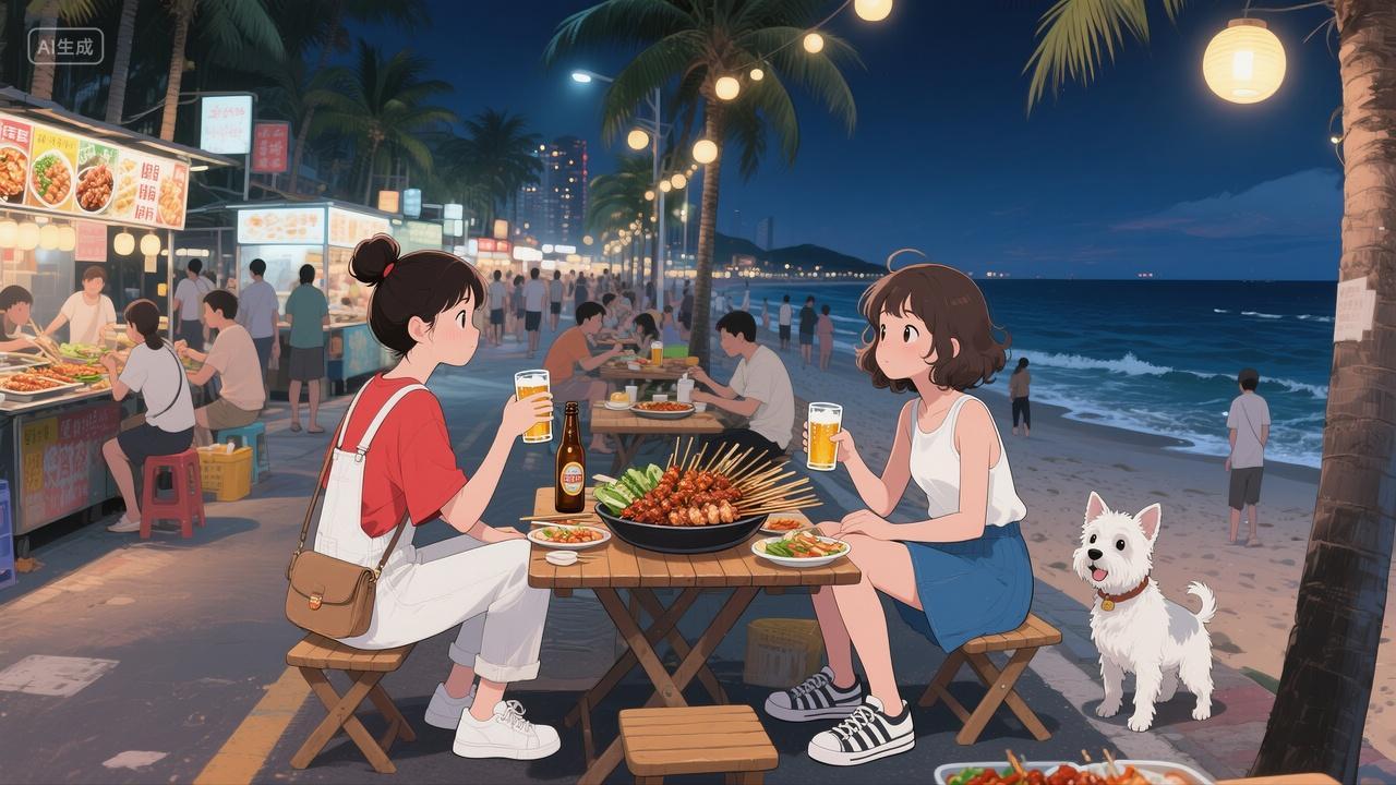夏日夜晚海边夜宵摊两个女孩吃烧烤