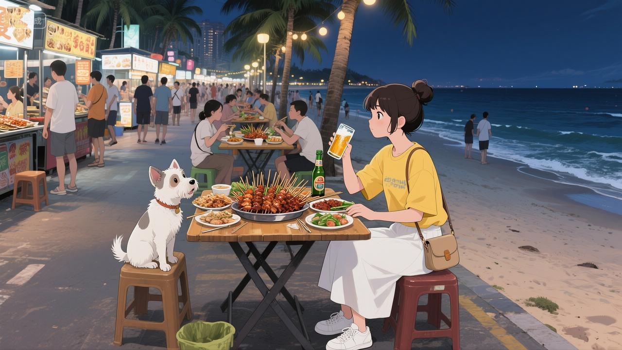 夏天的夜晚滨海城市海边的路边夜宵摊吃烧烤