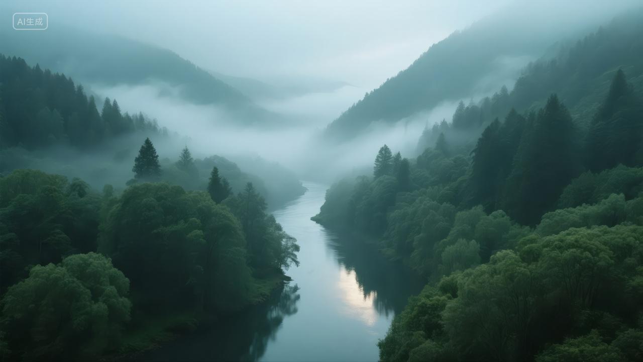 谷雨节气清晨森林河流雾气自然风光背景