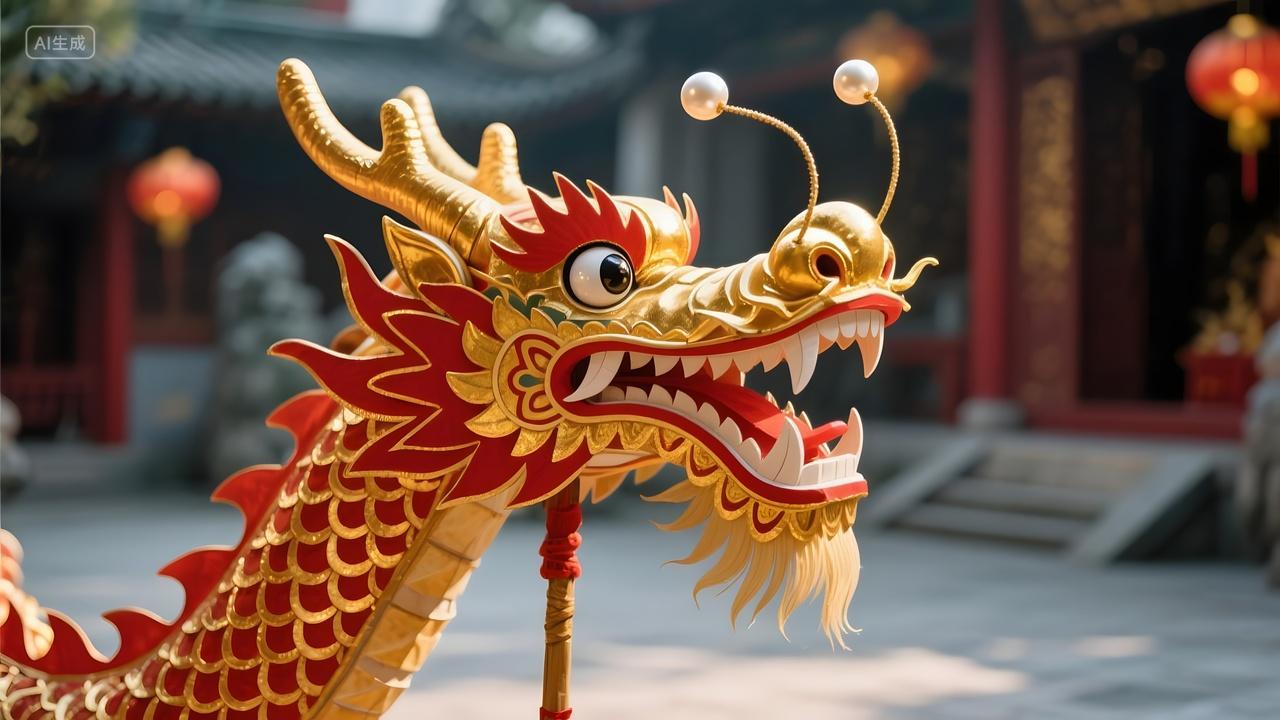 非遗舞龙头表演搭配古建筑背景彰显中国传统文化魅