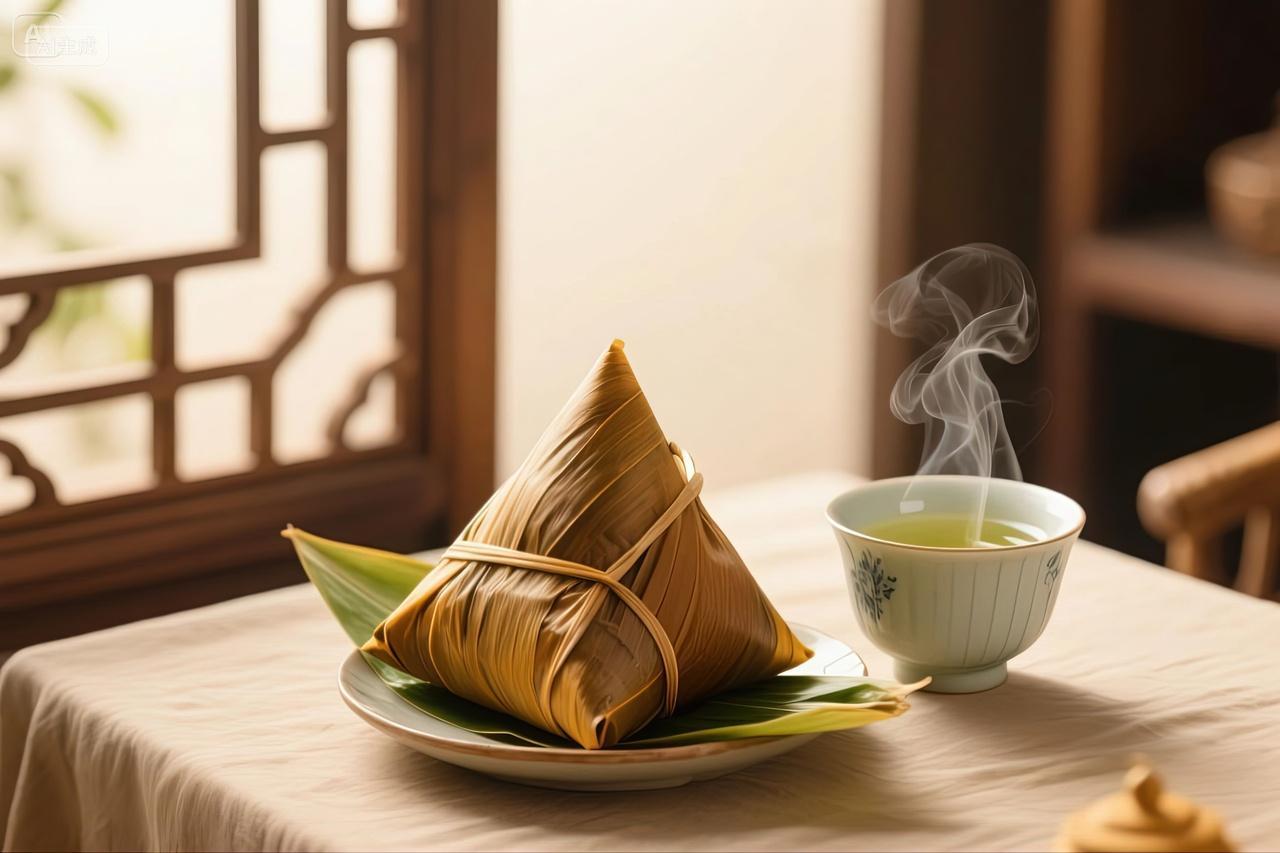 室内的桌子上有一个大粽子和一杯茶端午节美食海报背景