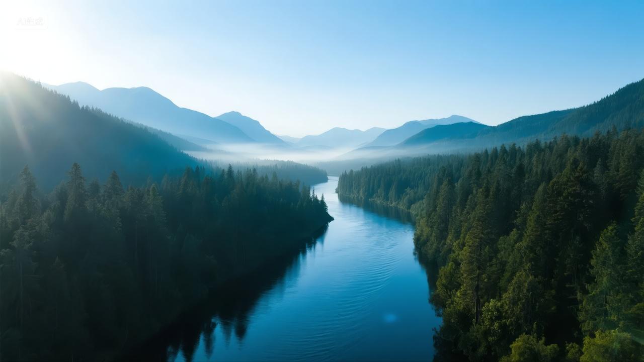 清晨薄雾森林河流峡谷自然生态航拍背景