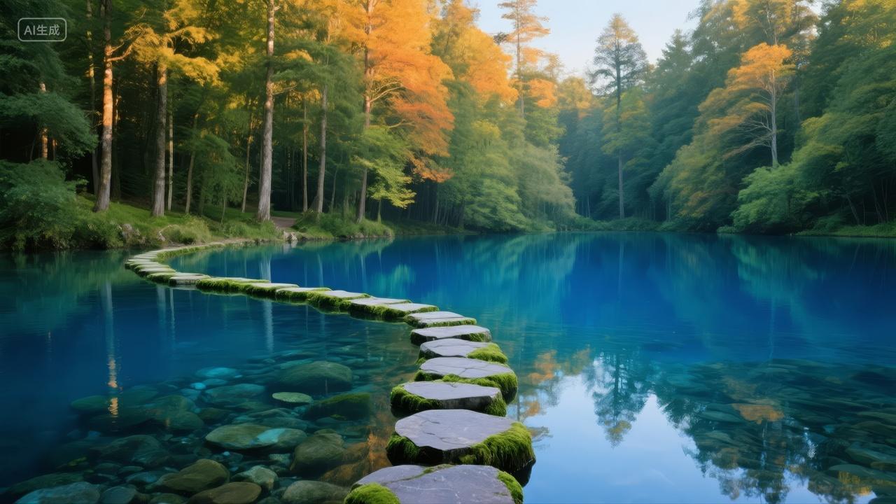 秋分节气九寨沟彩林碧水汀步禅意秘境背景