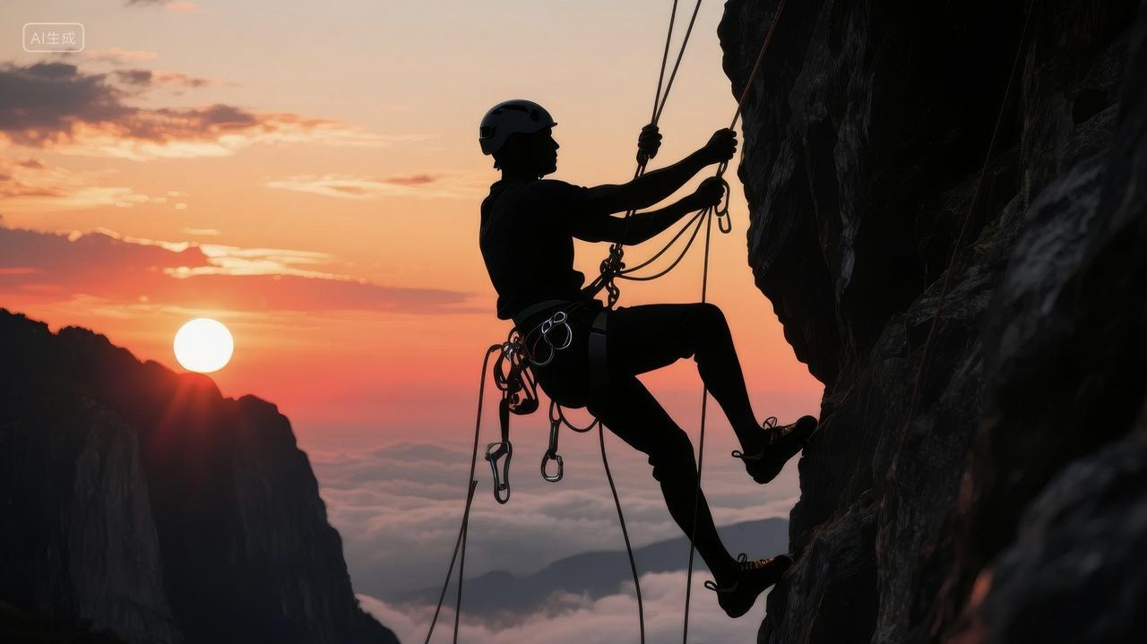 攀岩者在日落时分挑战悬崖峭壁的励志剪影