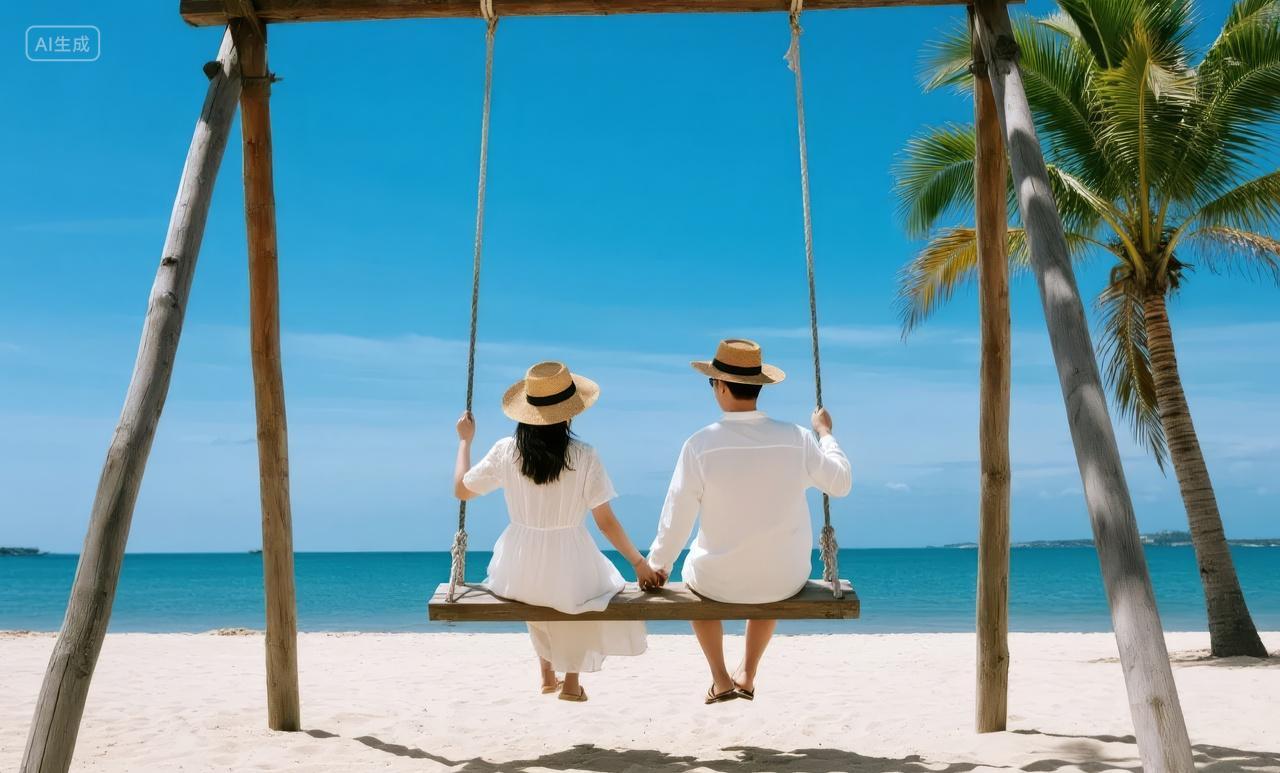 七夕节情侣海边秋千蜜月度假浪漫背景