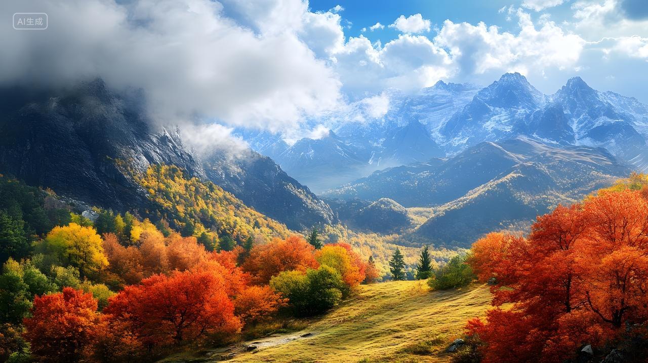 秋日山间彩林雪山与云海交织的盛景