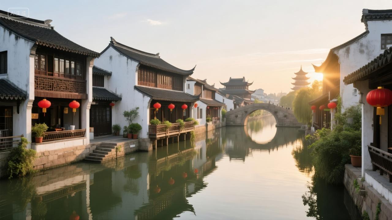 国庆节江南水乡古镇旅游日落风背景