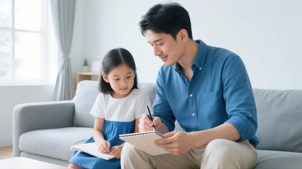 父亲辅导女儿功课家庭教育温馨生活背景