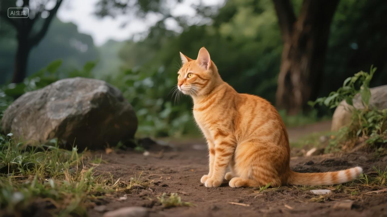 橘猫端坐森林石头上可爱宠物治愈背景