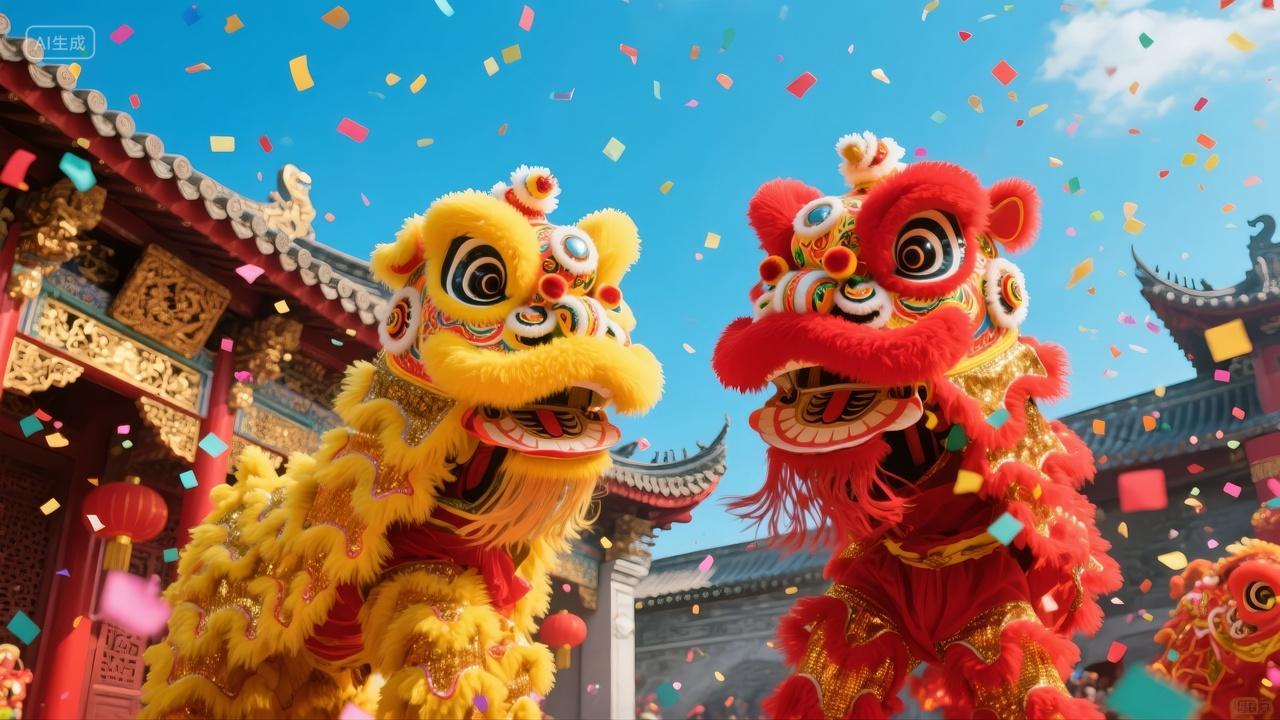 国庆节中秋节舞狮表演民俗庆典背景图