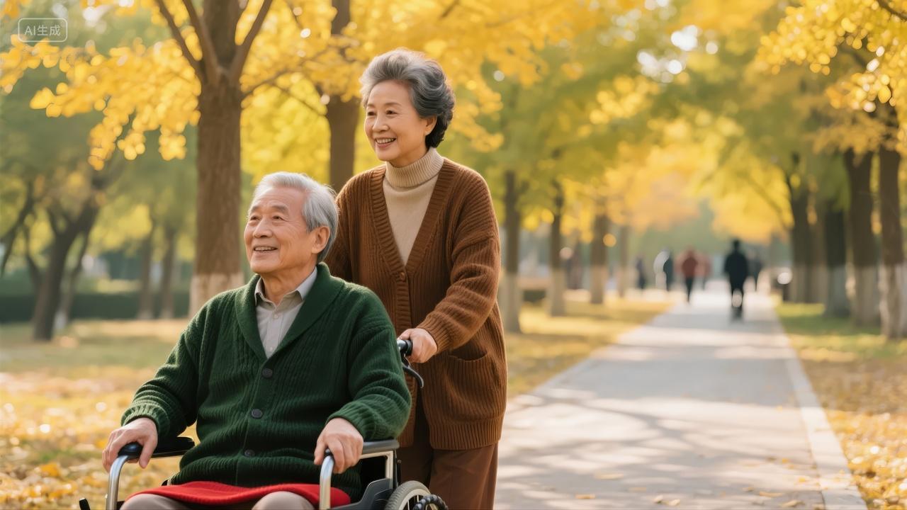 重阳节老年夫妻公园散步温情养老背景