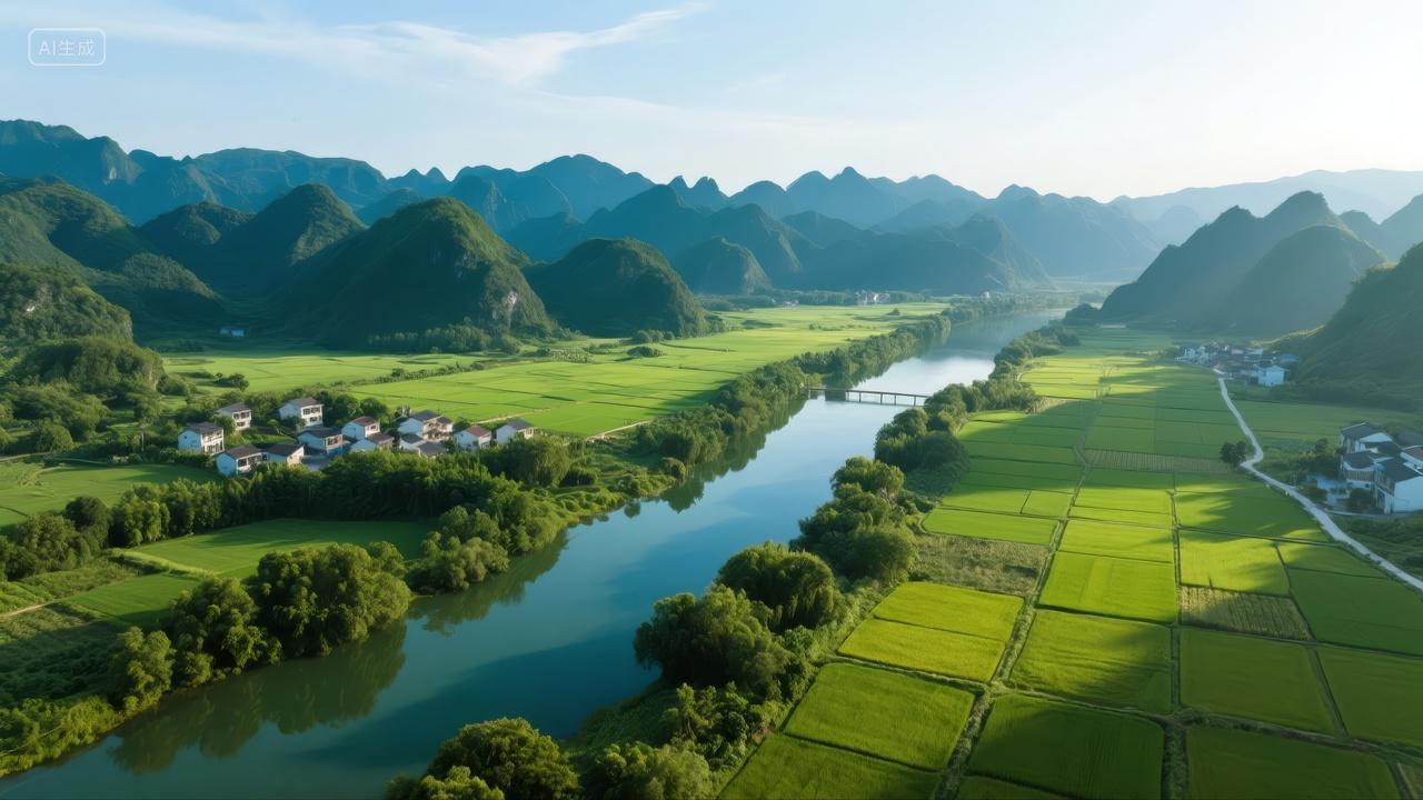 立秋节气航拍稻田河流乡村生态旅游背景