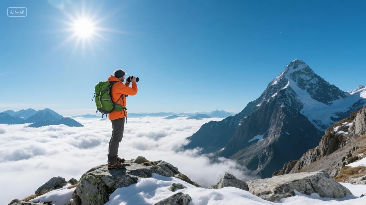 立冬节气摄影师登山徒步户外探险背景图