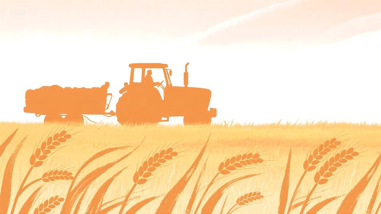 秋收主题拖拉机剪影融入金色麦田底部抽象稻穗大丰收PPT模版