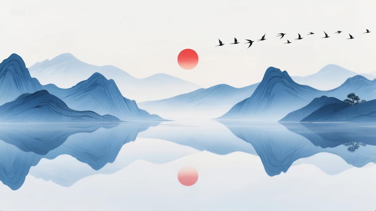 重阳节水墨山水画日出东方企业文化背景