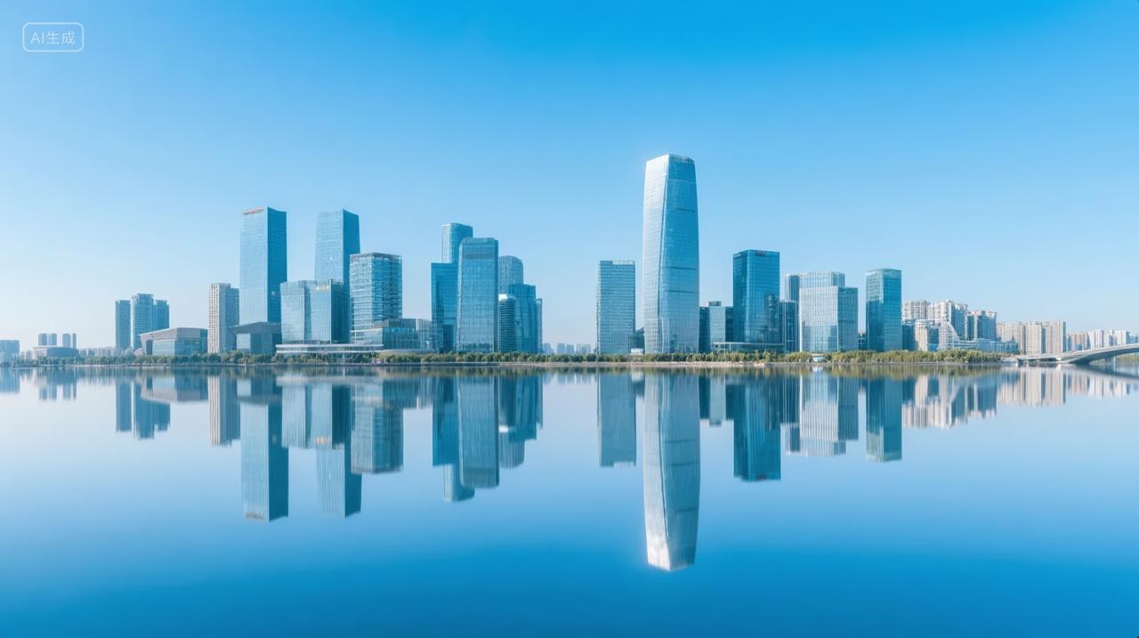 现代都市天际线倒影商务金融区地产背景