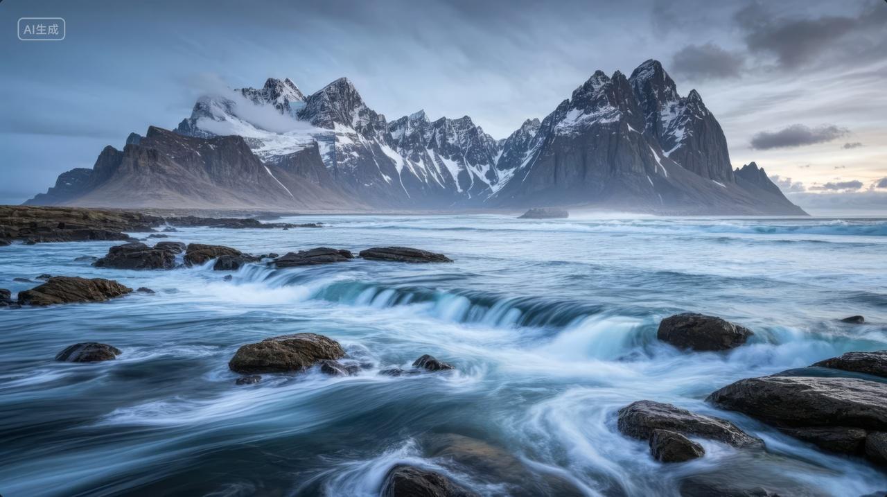冬季雪山海浪岩石冰雪奇缘风光旅游背景