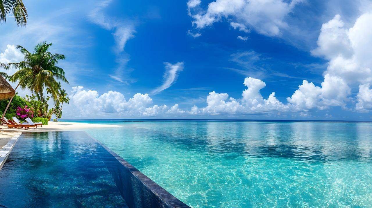 无边泳池与碧海蓝天完美融合，椰树环绕