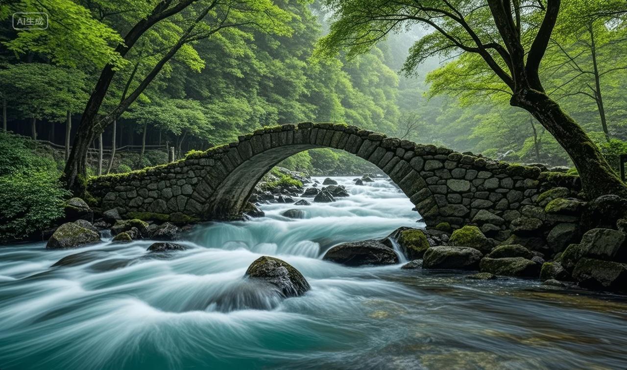春夏森林石桥溪流绿色治愈生态旅游背景