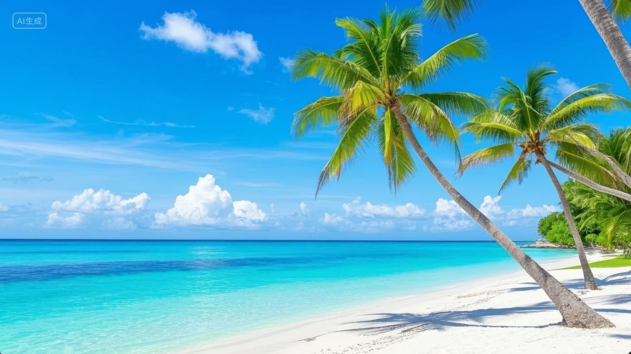 热带海滩棕榈树白沙碧水度假旅游背景图