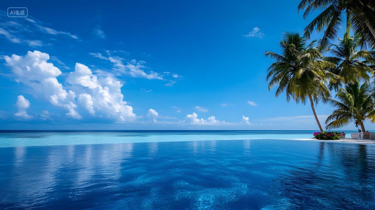 宁静的无边泳池与碧海蓝天相接，椰树点缀其间