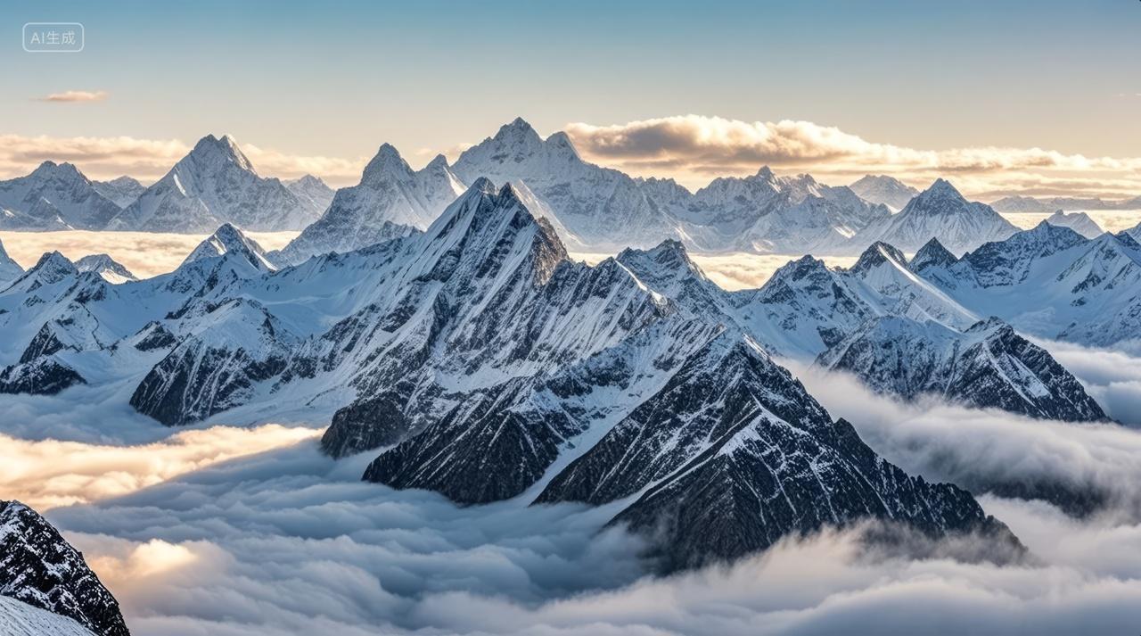 冬季雪山山峰云海蓝天壮丽自然风光背景图