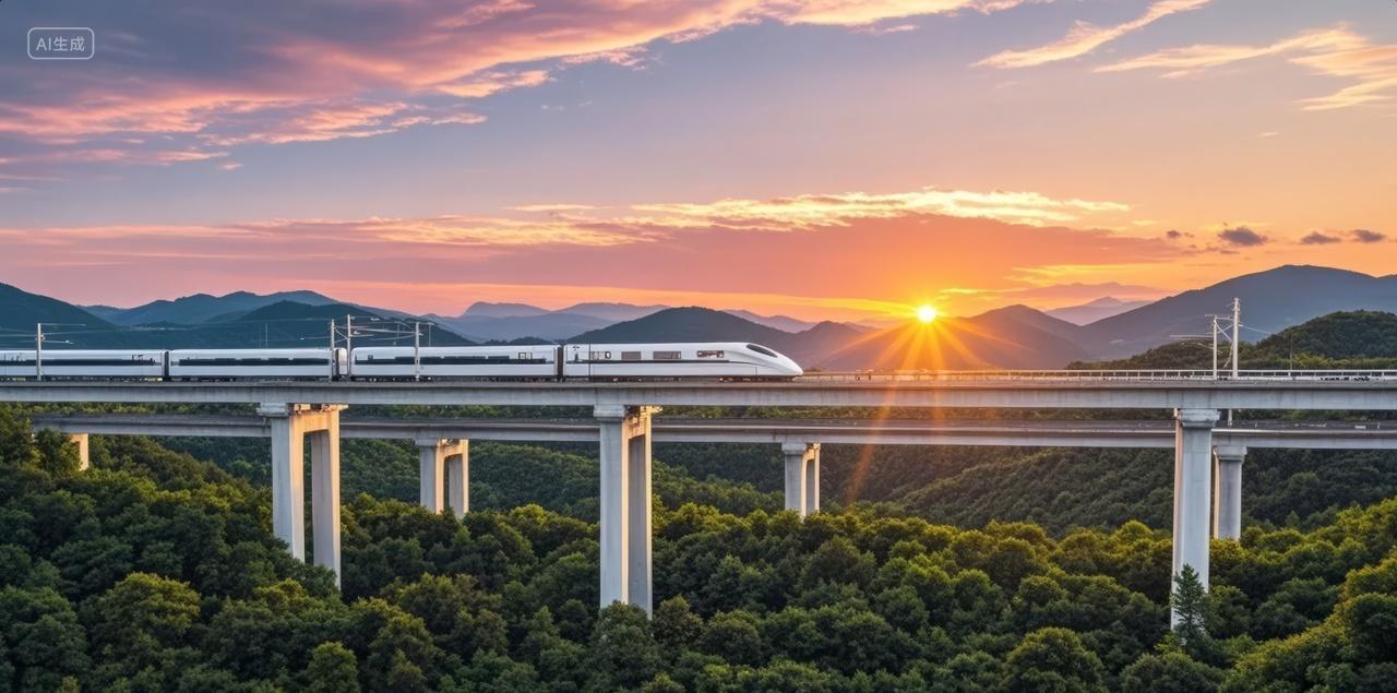 高铁桥梁穿行日落黄昏现代交通科技背景图
