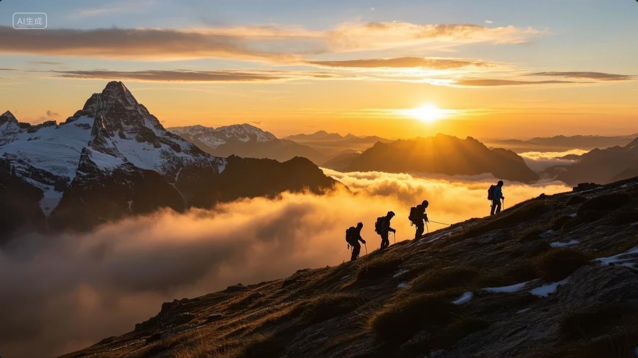 企业文化登山团队日落雪山励志成功背景