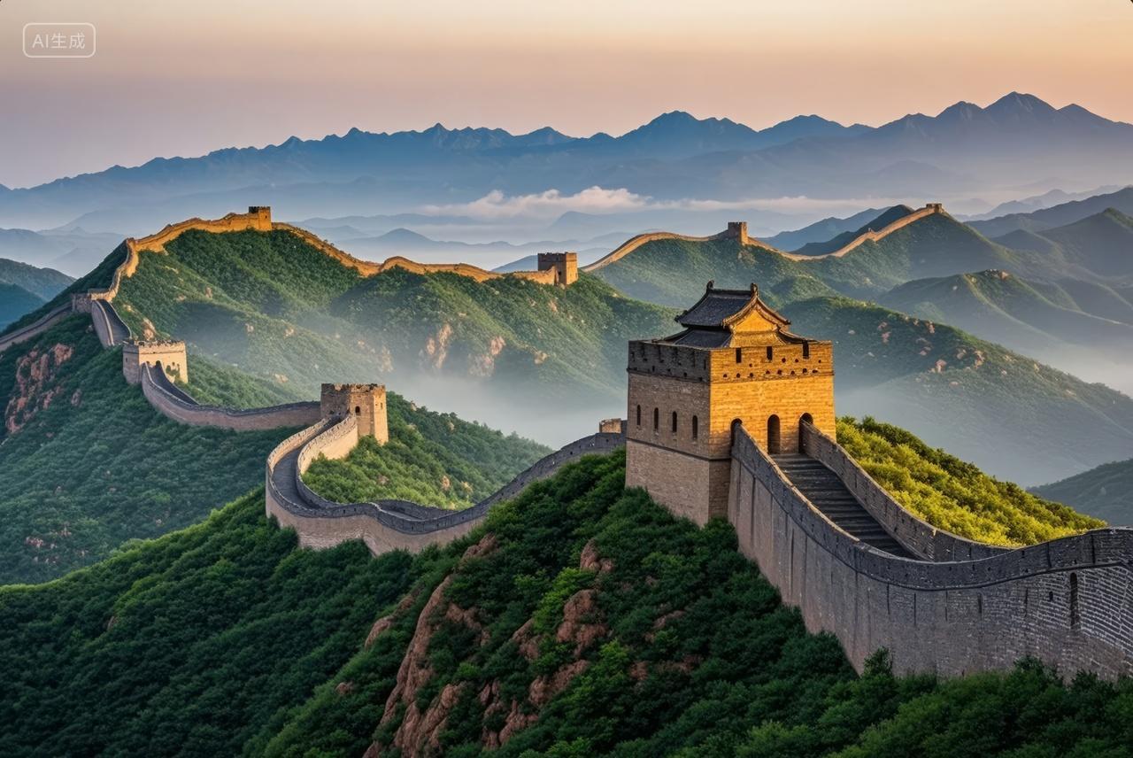 国庆节长城日落云雾壮美文化旅游海报背景