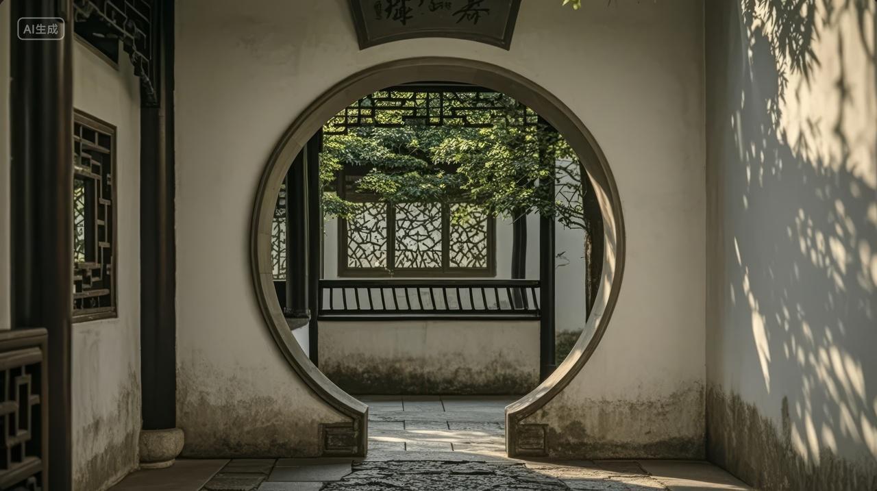 中式园林月亮门庭院建筑光影禅意背景图