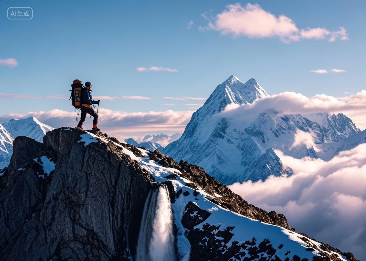 冬季登山探险雪山云海成功励志企业文化背景