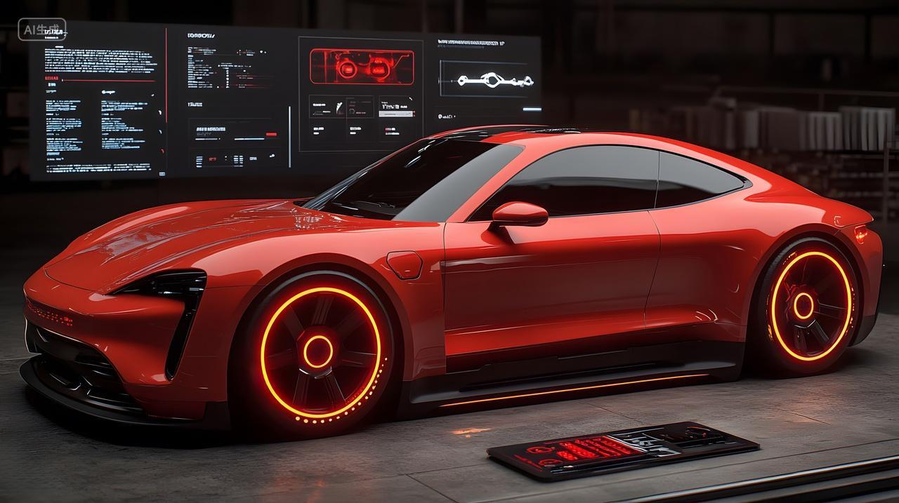 红色未来感跑车在高科技环境中展示