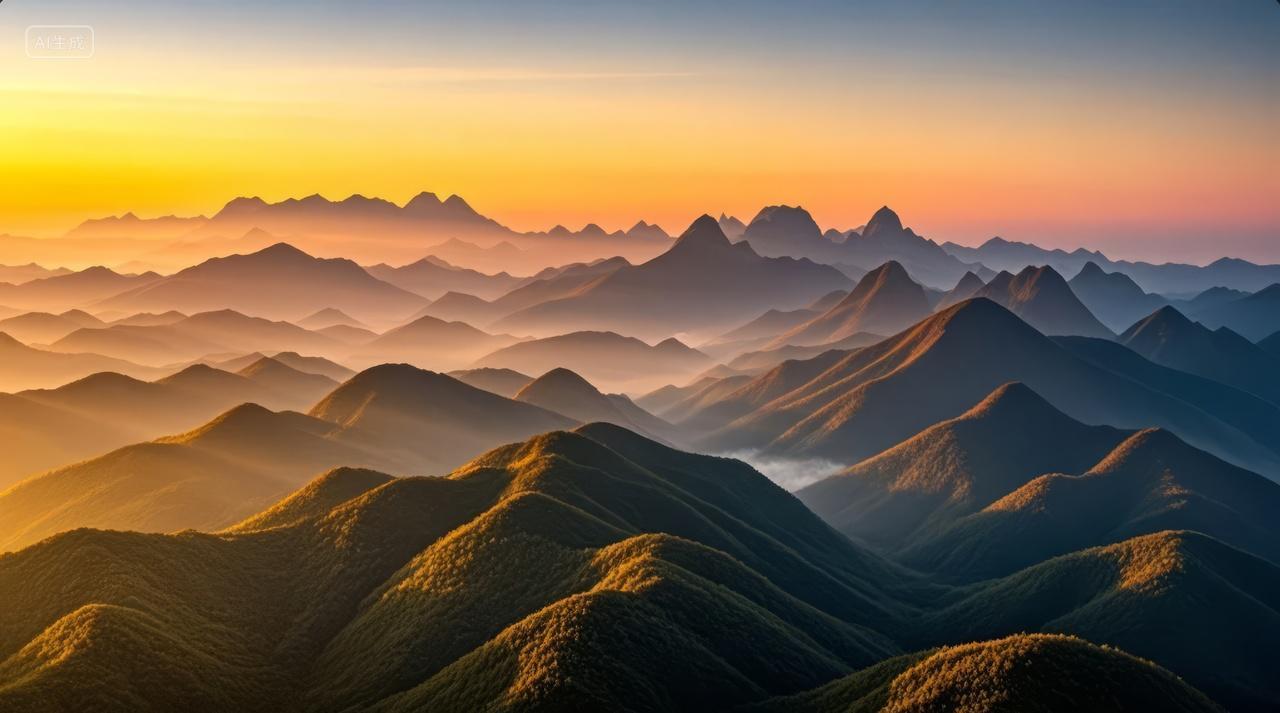 日出云海山脉层叠雾气自然风光壮丽背景图