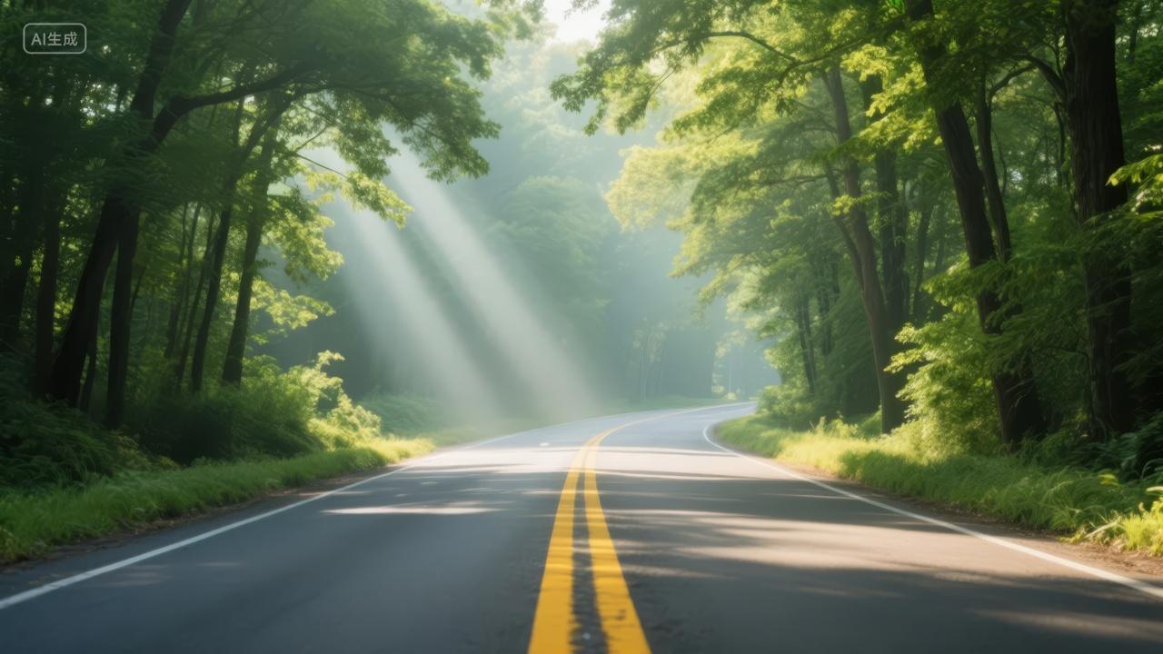 清晨森林公路阳光穿透树林治愈旅行背景