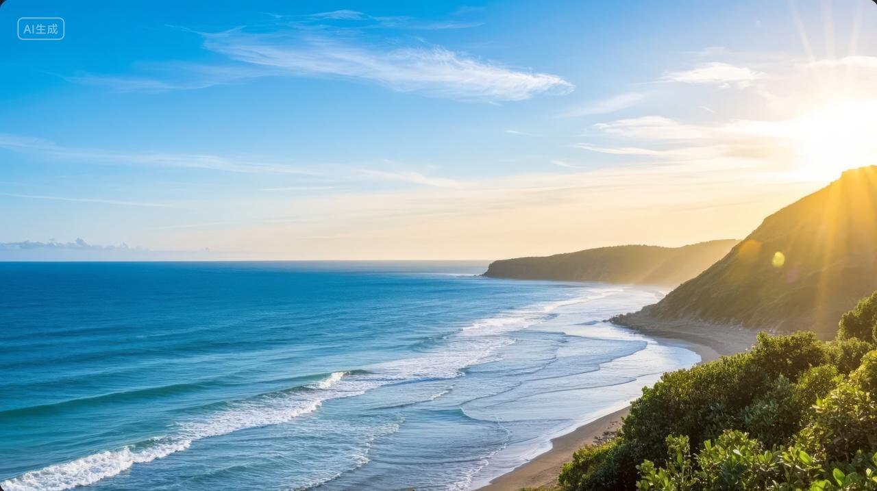 海滩日落海浪金色阳光浪漫度假风景背景图