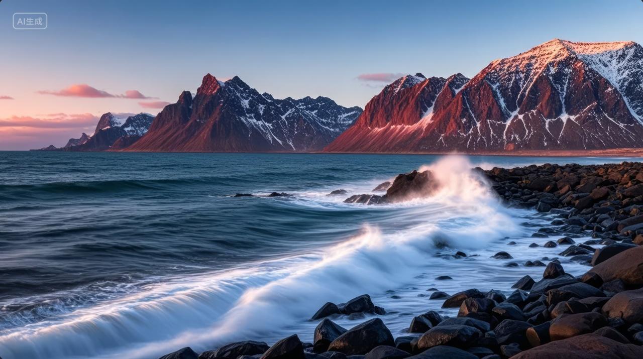 日落海浪礁石红色山脉海岸风光摄影背景图
