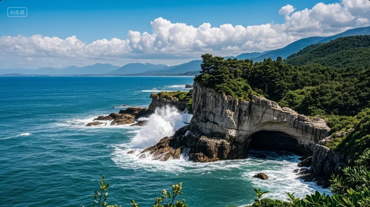 海浪拍打悬崖礁石海岸自然风光壮丽背景图