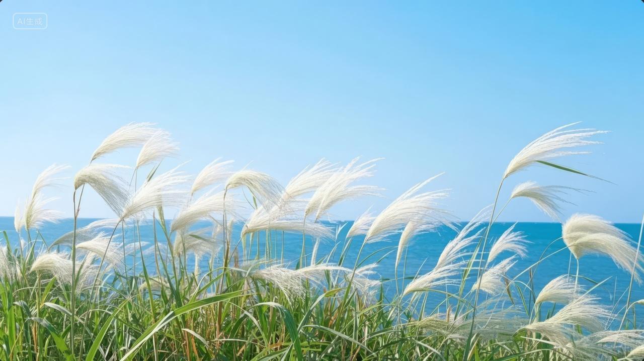 秋分节气芦苇荡漾蓝天白云浪漫唯美背景图