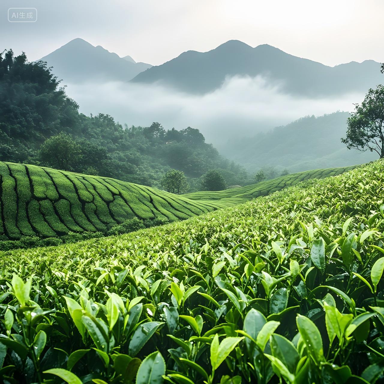 翠绿的茶园在云雾缭绕的山间铺展，清新自然