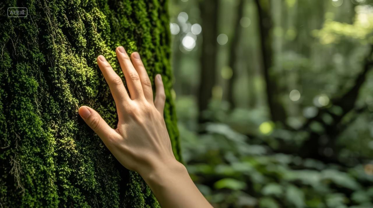环保主题手触摸树木青苔森林自然关爱背景