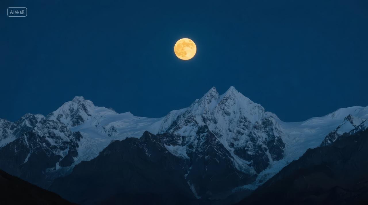 中秋节气雪山月亮夜晚静谧星空自然背景