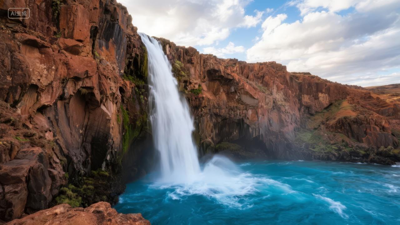 瀑布溪流岩石峡谷自然风光探险旅游背景图