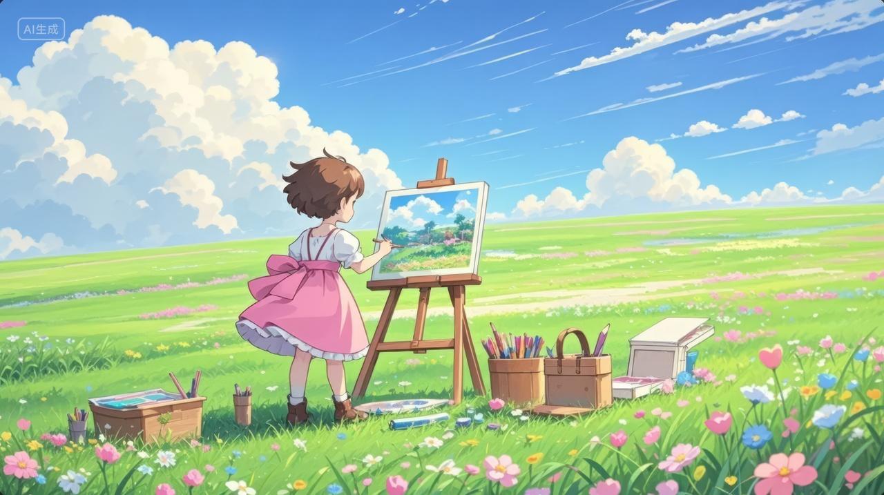 春分节气女孩户外绘画写生动漫插画背景图