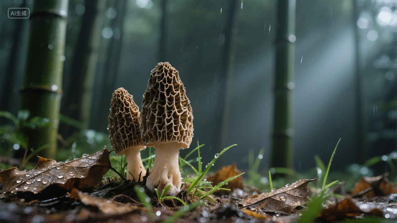 雨后竹林里的野生菌羊肚菌野味美食