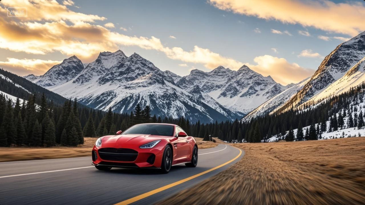红色跑车山路雪山黄昏自驾游汽车广告背景