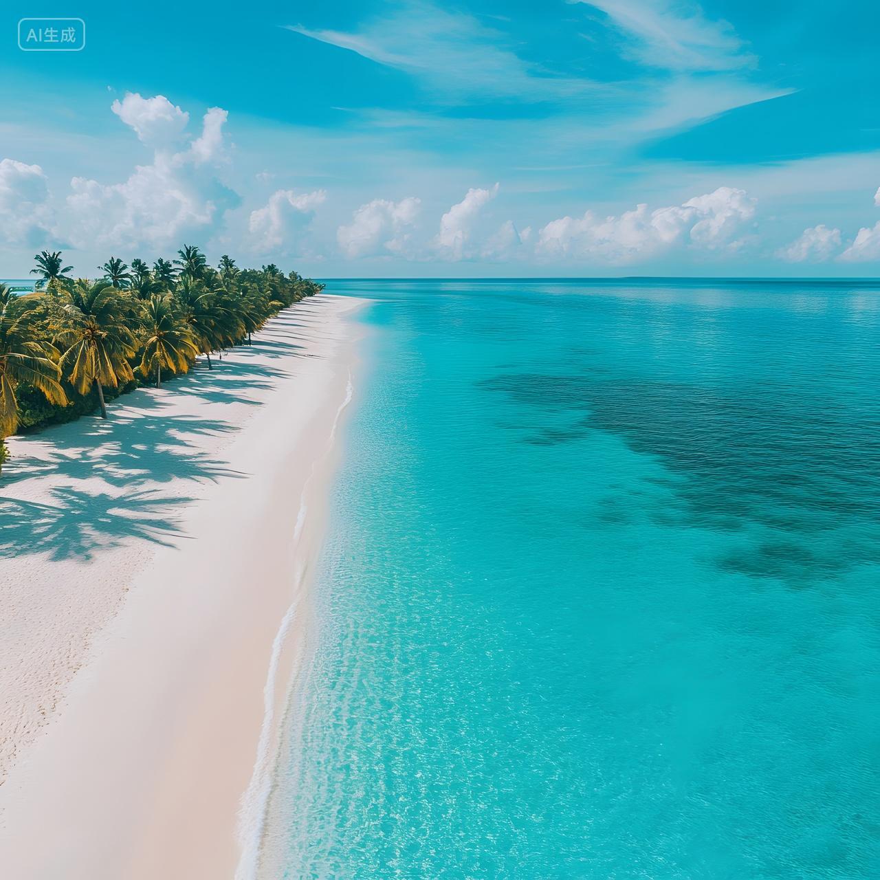 热带海滩，碧海蓝天，椰树成荫，白色沙滩与清澈海水交相辉映