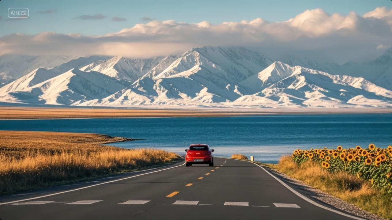 汽车沿海公路雪山湖泊旅游风景自驾游背景