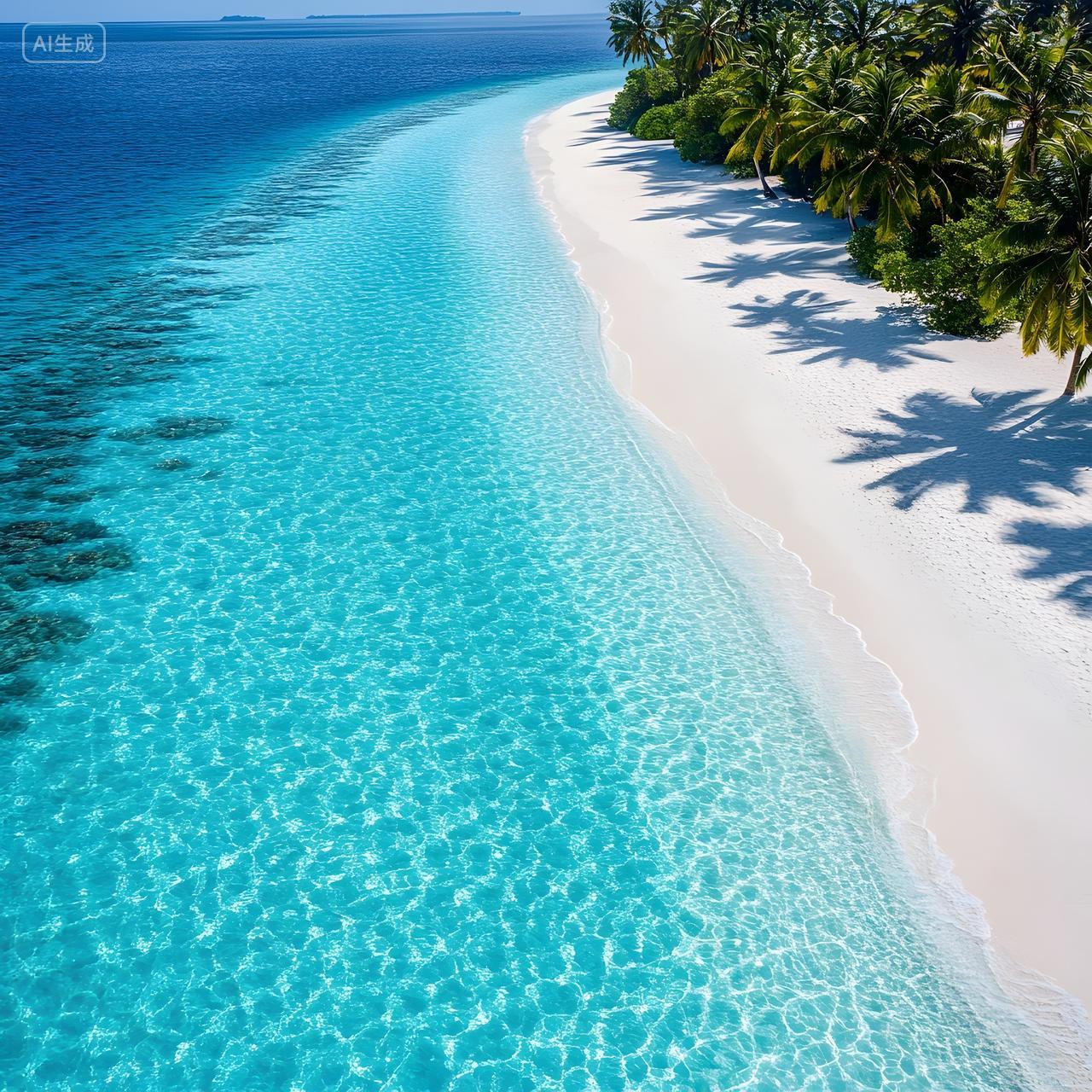 碧蓝海水与洁白沙滩相接，椰树成荫，热带岛屿风光尽显宁静与美丽